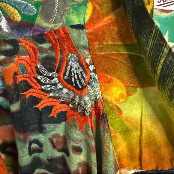 Vintage STERLING STYLES One Size Green Orange  Red Gold kimono Jacket Art Silk - Picture 6 of 8